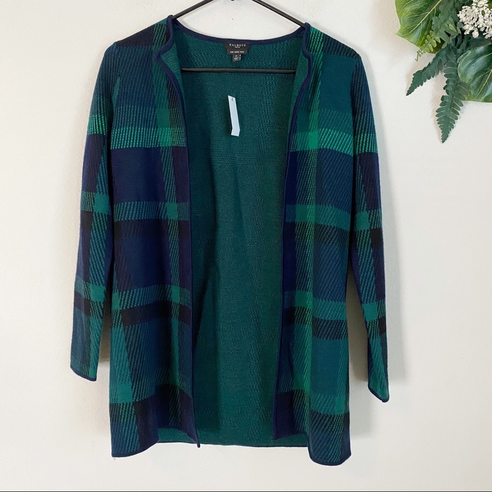 Talbots open front plaid wool cardigan size P 100% wool